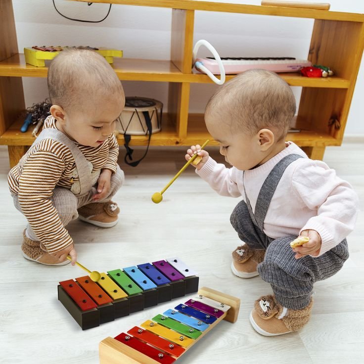 Two babies sit together, happily playing with a colorful music toy, their faces lighting up with excitement as they explore the sounds and melodies.