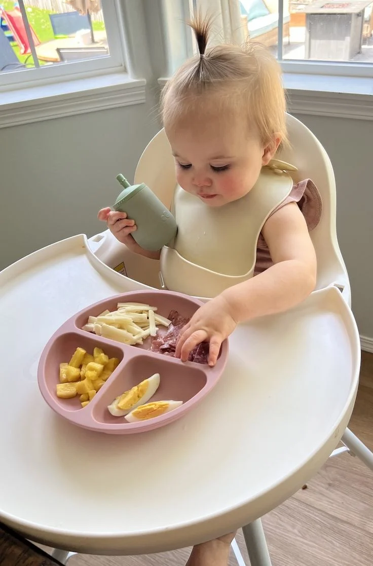 Seated in a cozy high chair, the baby eagerly grabs a handful of food, tiny fingers exploring each bite. With a messy yet joyful face, they giggle between bites, savoring the new flavors. A moment of discovery, growth, and pure delight!